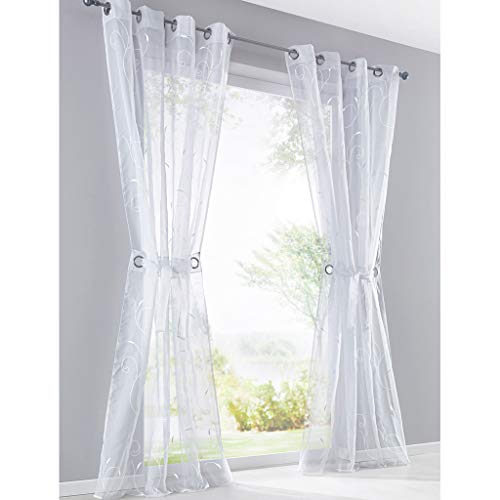 SIMPVALE 2 Stück Vorhänge Chiffon mit Ösen Stickerei Blätter Tüll Tür Fenster Vorhang Balkon Vorhang für Wohnzimmer Breite 140 cm, Polyester, Weiß, Höhe 225cm von SIMPVALE