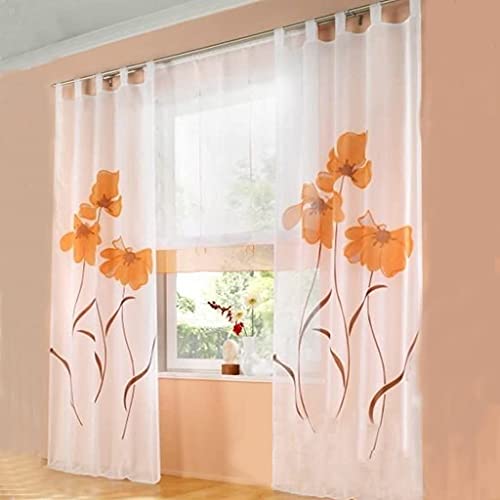 SIMPVALE 2 stücks Gardinenschal Gardine Print Blumen Vorhang für Wohnzimmer Schlafzimmer Schlaufenschal, 150x260cm, Orange von SIMPVALE