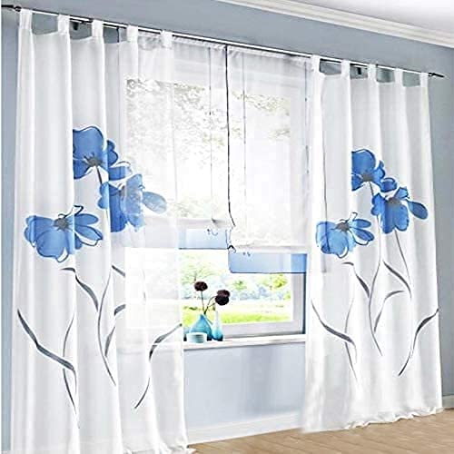 SIMPVALE 2 stücks Gardinenschal Gardine Print Blumen Vorhang für Wohnzimmer Schlafzimmer Schlaufenschal, Breite 150cm / Höhe 225cm, Blau von SIMPVALE