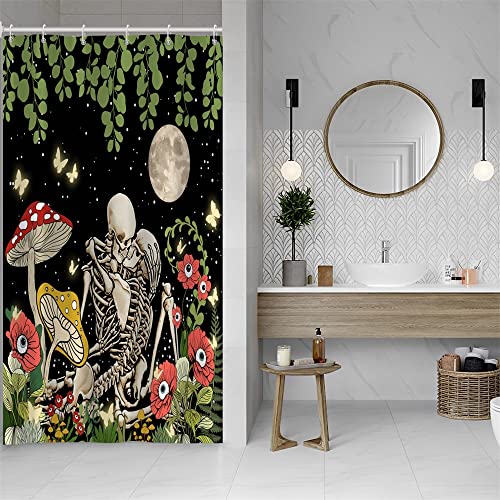 Psychedelischer Totenkopf-Duschvorhang, bunte Pilze, trippige Blumen, Schmetterling, heller Mond, Badezimmer-Dekoration, Vintage-Stil, Duschvorhänge, wasserdichter Stoff mit Haken, 91,4 x 182,9 cm von SJOAOAA