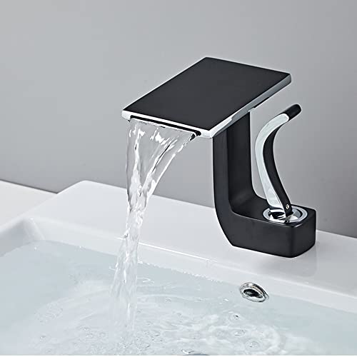 SJQKA Wasserfall Wasserhahn Bad,Wasserfall Waschtischarmatur Wasserhahn Bad Aus Erstklassigem Messing,wasserfall Einhandmischer Für Bad Badezimmer Waschbecken (Schwarz+Silber) von SJQKA