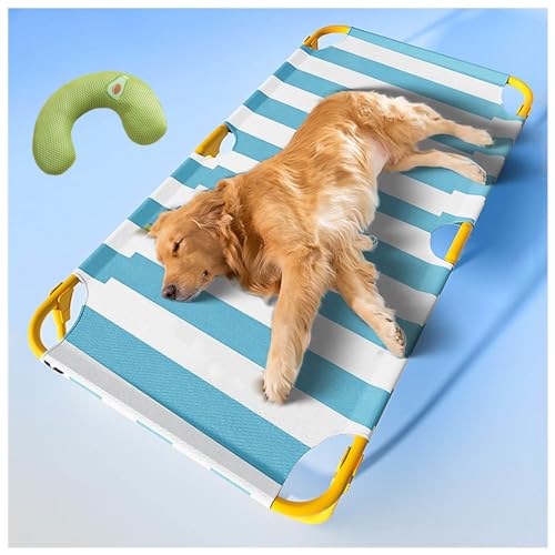 Hundebett Outdoor mit Kissen für Hunde,Zusammenklappbar Atmungsaktivem,robuster Metallrahmen Sonnenliege Hund für Indoor Outdoor,blue-M88*61 * 22cm(34 * 24 * 8in) von SJWJWOO
