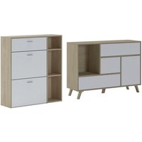 Eingangs-Set, Wohnzimmer, Beistellmöbel, Farbe der Struktur Eiche und Farbe der Türen und Schubladen Weiß - Buffet- Schuhschrank - multicolor von SKRAUT HOME