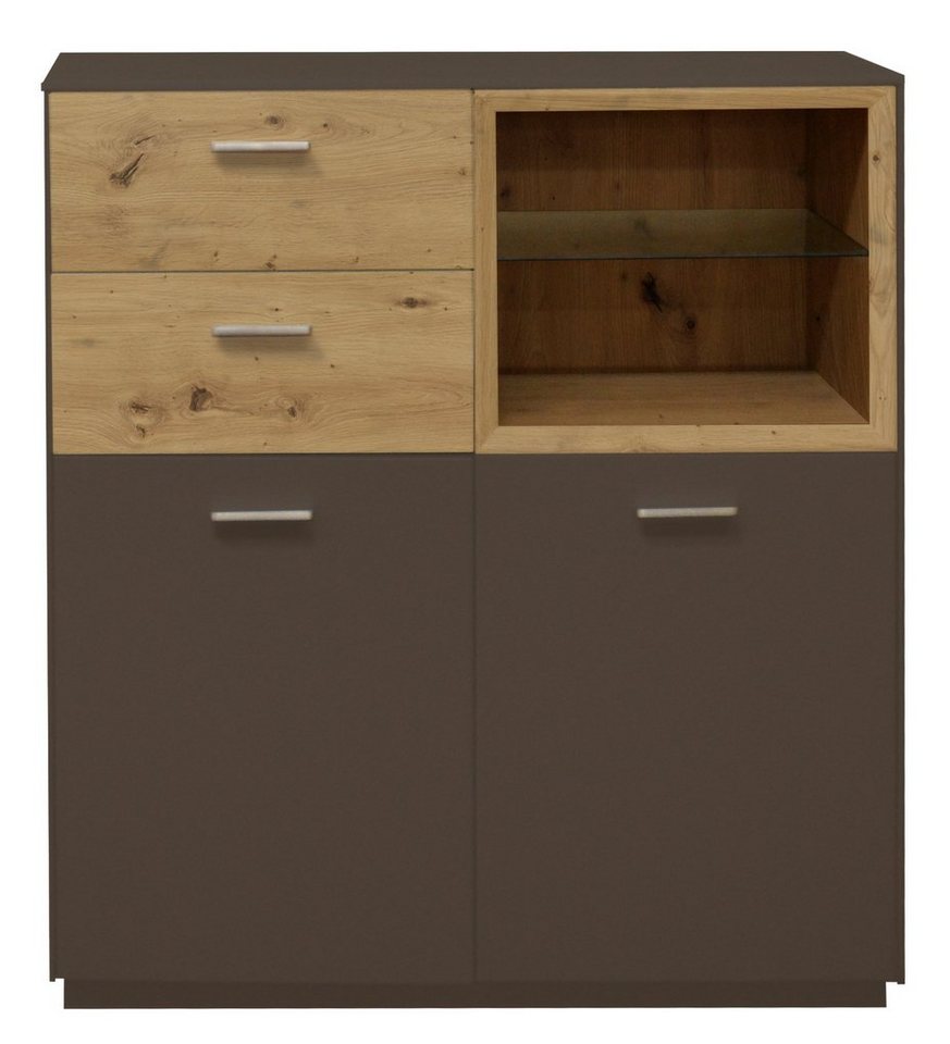 SKS-Online Kommode Nilo 99x110x41 - Grau & Asteiche mit 2 Türen, 2 Schubkästen, Glaseinlegeboden, Schrank, Wohnzimmerschrank, Selbsteinzug von SKS-Online