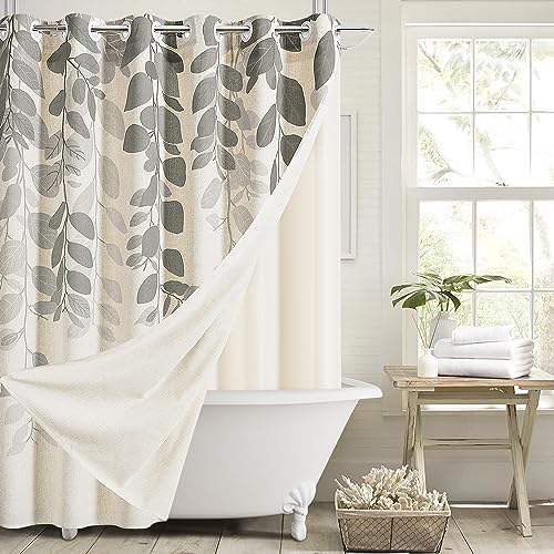 SMABU Duschvorhang mit Einlage, doppellagiger Stoff, Duschvorhang und Einsatz, grauer und weißer Duschvorhang für Badezimmer, grau und beige, Duschvorhang, 183 x 180 cm von SMABU