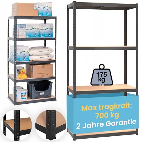 SMART REGALY - Industrial Regal 150cm hoch - Bücherregal 70 cm breit - Schwerlastregal 30 cm tief - Lastregal 175kg - Standregal schwarz - Metall Büroregal MDF Platte - Keller Organizer von SMART REGALY