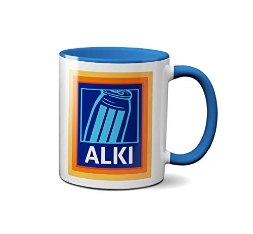 Tasse mit Alki-Logo, lustiger Parodie Shop, Kaffee, Tee, Supermarkt, Weihnachten (blauer Griff) von SmartyPants