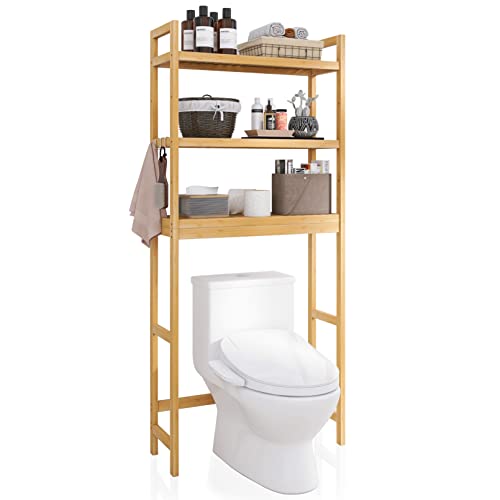 SMIBUY Toilettenregal, WC Regal aus Bambus, 3-stöckiges Verstellbar Waschmaschinenregal, Badezimmerregal, platzsparend, einfache Montage, Natur von SMIBUY