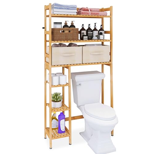 SMIBUY Over The Toilet Storage, 6-stöckiges Badezimmerregal aus Bambus mit Schubladen, freistehend über dem WC-Organizer-Rack, Massenlagerung, Platzsparer für kleine Räume (natürlich) von SMIBUY