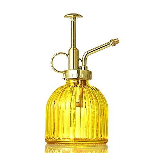 SMLJFO Glas-Bewässerungssprühflasche, 16,3 cm, Vintage-Stil, Spritzer mit goldener Pumpe, vertikales Muster, Gießkanne für Pflanzen, Garten, Heimdekoration (gelb) von SMLJFO