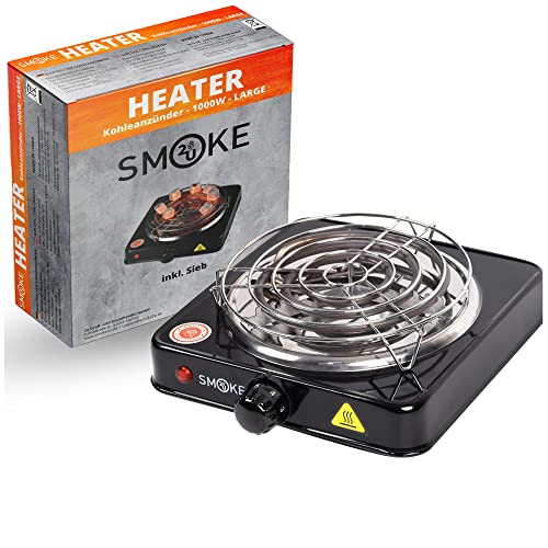 TURBO-POWER Kohleanzünder Smoke2u® BLITZSCHNELL 1000 Watt Hotplate mit Edelstahl Heizspirale Stainless Steel Elektrischer Kohle Anzünder mit Kohlegitter | 5-Stufig mit Überhitzungsschutz | von SMOKE 2U