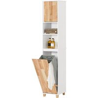 BZR74-W Badezimmer Hochschrank mit ausklappbarem Wäschesack Badschrank Badregal Wäscheschrank Wäschetruhe Badmöbel Weiß-Natur bht ca: 31x170x32cm von SOBUY