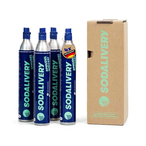 4 Stück Sodalivery CO2-Zylinder 425g/60l – Kohlensäure Zylinder – inklusive 4 Nachfüllungen oder Pfand zurück – geeignet für Sodastream Crystal, Crystal 2.0 – Sodapop, Aarke, Philips – Made in Germany von SODALIVERY