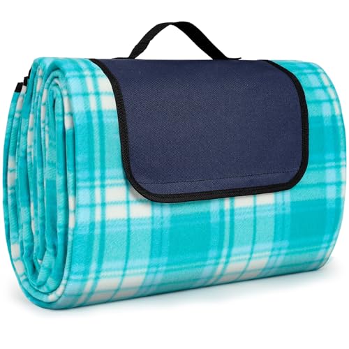 SOMLAW Picknickdecke Wasserdicht 200 x 200 cm, Extra Groß Outdoor Stranddecke mit Wasserdichter Unterseite für 4-6 Personen, XXL Campingdecke mit Tragegriff (Himmelblau Kariert) von SOMLAW