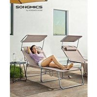 Große Sonnenliege, klappbarer Liegestuhl, 200 x 71 x 38 cm, Belastbarkeit 150 kg, mit Sonnenschutz, Kopfstütze und Verstellbarer Rückenlehne, für von SONGMICS