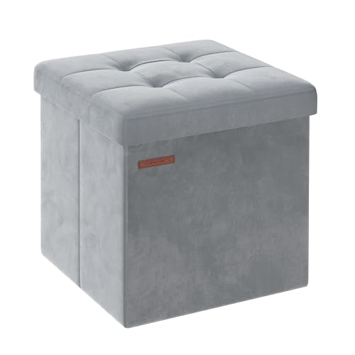 SONGMICS Sitzbank mit Stauraum aus Samt, klappbare Sitztruhe, Aufbewahrungsbox mit Deckel, Fußbank, 38 x 38 x 38 cm, bis 300 kg belastbar, für Flur, Wohnzimmer, Schlafzimmer, Taubengrau LSF227G02 von SONGMICS