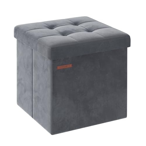 SONGMICS Sitzbank mit Stauraum aus Samt, klappbare Sitztruhe, Aufbewahrungsbox mit Deckel, Fußbank, 38 x 38 x 38 cm, bis 300 kg belastbar, für Flur, Wohnzimmer, Schlafzimmer, schiefergrau LSF227G01 von SONGMICS