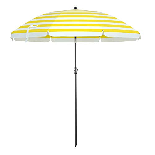 SONGMICS Sonnenschirm für Strand, Ø 160 cm, Gartenschirm, UV-Schutz bis UPF 50+, knickbar, tragbar, Schirmrippen aus Glasfaser, gelb-weiß gestreift GPU60YW von SONGMICS
