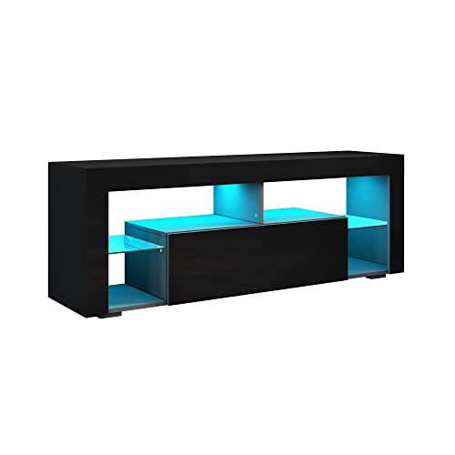SONNI Lowboard Schwarz, TV Board Hochglanz, mit LED Beleuchtung(12 Farben können eingestellt Werden), mit Klapptür, mit Glasregal, Griffloses Design, 140 x 35 x 50.5 cm von SONNI