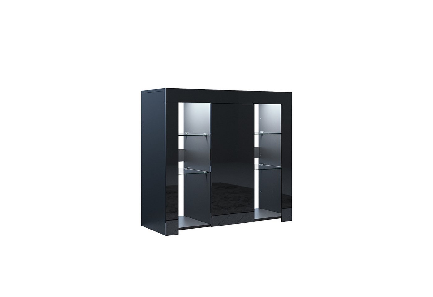 SONNI Sideboard mit LED Beleuchtung 90x35x83cm Weiß/Schwarz Hochglanz, mit Schranktür und 4 glas Einlegeböden von SONNI