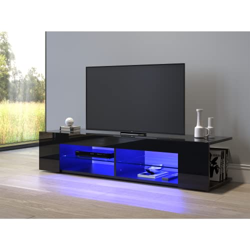 SONNI TV Schrank TV Lowboard LED Schwarz,12-LED-Farben,Glasböden,Fehrnser Tisch 135 cm breit von SONNI