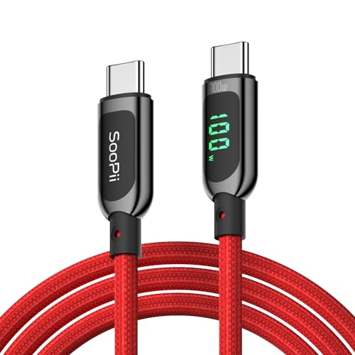 SooPii 100W USB-C-auf-USB-C-Kabel, 3M Schnellladekabel mit LED-Anzeige, PD 5A Typ-C-Ladekabel für lPhone 15/Pro/Plus/Pro Max, lPad Air, MacBook, Galaxy S23/S22, Pixel, LG (Rot) von SooPii