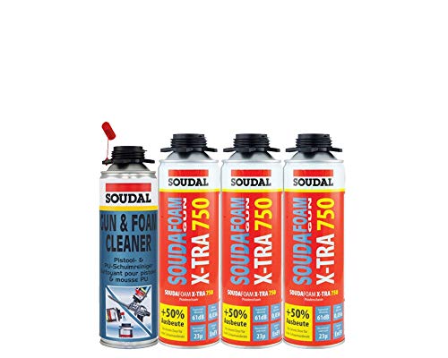 Soudal Kombi Set 3 x Soudafoam B2 X-TRA750 500ml Pistolenschaum Verfüllung Bauanschlussfugen inkl. Reiniger - gebrauchsfertig, schall- und wärmedämmend, genaue Dosierung, formstabil von Soudal