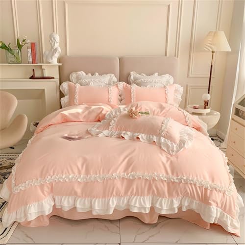 Schicke Spitzen-Bettwäsche, ästhetisches Bettwäsche-Set für Mädchen, niedlicher Prinzessinnen-Stil, gerüschter Bettbezug mit 3 Schichten Rüschen, Reißverschluss, Rosa, Doppelbett Schicke Spitzen-Bettwäsche, ästhetisches Bettwäsche-Set für Mädchen, niedlicher Prinzessinnen-Stil, gerüschter Bettbezug mit 3 Schichten Rüschen, Reißverschluss, Rosa, Doppelbett von SOUKECHY