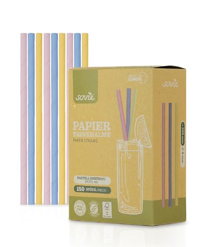 Sovie Strohhalme Papier Pastell - Trinkhalme Plastikfrei - FSC-zertifiziert, Made in Europe, Biologisch Abbaubar - Ø 8mm - 20cm Länge - 150 Stück von SOVIE