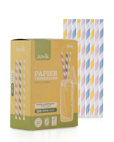 Sovie Strohhalme Papier Pastell Gestreift - Trinkhalme Plastikfrei, FSC-zertifiziert, Made in EU, Biologisch Abbaubar - Ø 8mm - 20cm Länge - 150 Stück von SOVIE