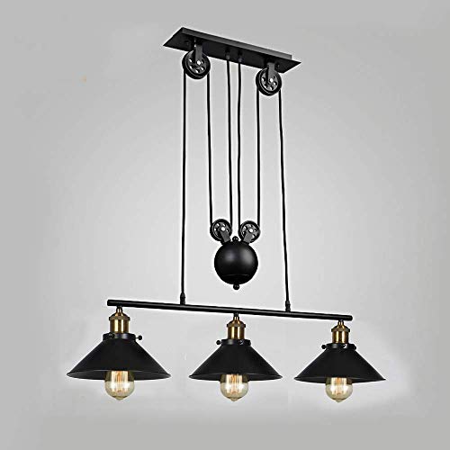 Industrielle Vintage Deckenpendelleuchte, Retro Riemenscheibe aufgehängt Rise and Fall Hängelampe E27 Antike verstellbare schwarze Metallrohr Kronleuchter, Lampe für Kitchen Island Bar Flur Esszimmer von SPARKSOR