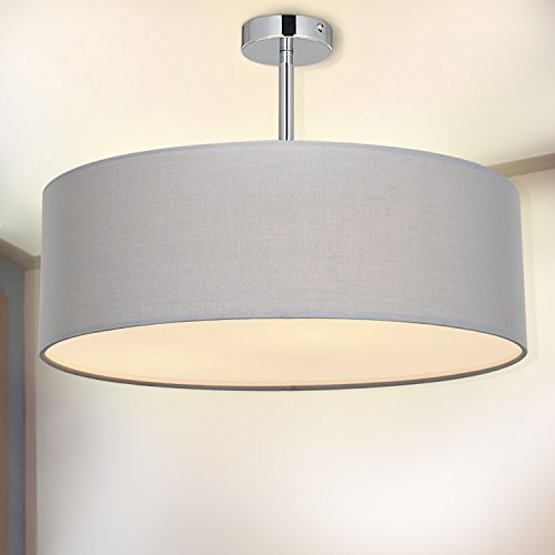 SPARKSOR Deckenleuchte, Stoff Deckenlampe, Grau Rund Pendelleuchte für Wohnzimmer Schlafzimmer Küche Esszimmer, Durchmesser 45cm, Chrom matt, Warmweiss 3-flammig E27 von SPARKSOR