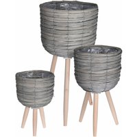 Spetebo - 3er Set Rattan Blumenständer grau - ø 30 cm / 25 cm / 21 cm - Pflanztopf auf Holz Beinen direkt bepflanzbar - Blumen Topf Pflanz Kübel von SPETEBO