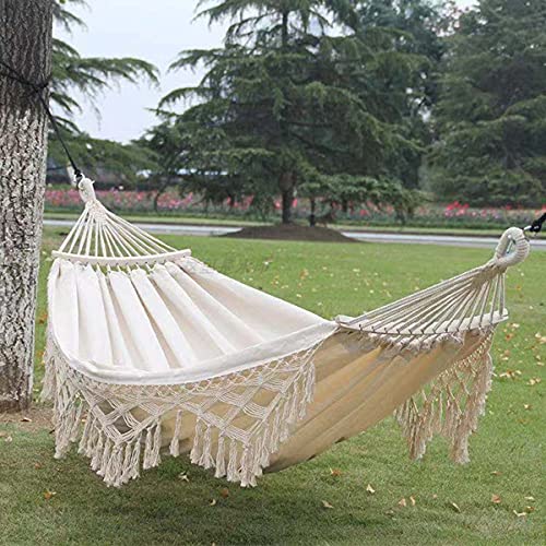 SQCOOL Baumwolle Canvas Hängematte Quaste, Doppel Boho Hängematte mit Makramee Fransen, Tragbare Hängematten Schaukel Outdoor für Camping Freien Innen Garten mit Tragetasche, 150kg Tragkraft White von SQCOOL