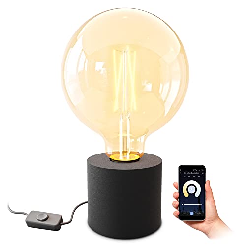 SSC-LUXon NAMBI Tischlampe Vintage schwarz inkl. Smart WiFi E27 LED Globe Birne - Tischleuchte mit Kabel und Schalter Steuerung per App & Sprache von SSC-LUXon