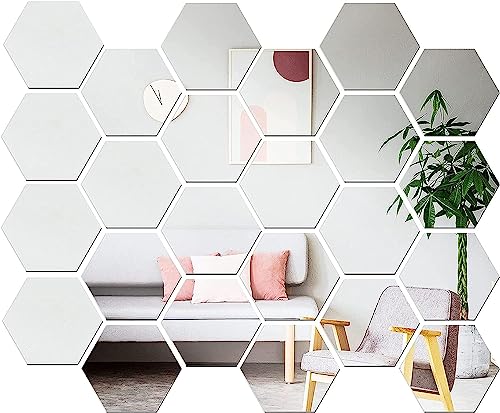 SSyang Sechseckiger Spiegel Wandaufkleber,24 Stück Acryl Hexagon Spiegel,Wandspiegel Selbstklebend,Hexagon Mirror Wandaufkleber,für Home Wohnzimmer Sofa TV Einstellung Wand Dekoration(Silbrig) von SSyang