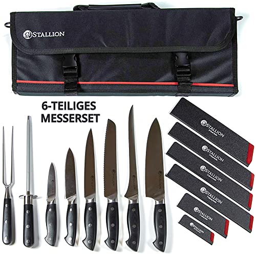 Stallion Professional Koch Messerset mit Tasche - 6 tlg. Profi Messerset mit Messertasche für Köche - Aus deutschem 1.4116 Messerstahl - Profi Kochmesser Set Tasche inkl. Wetzstahl und Fleischgabel von Stallion