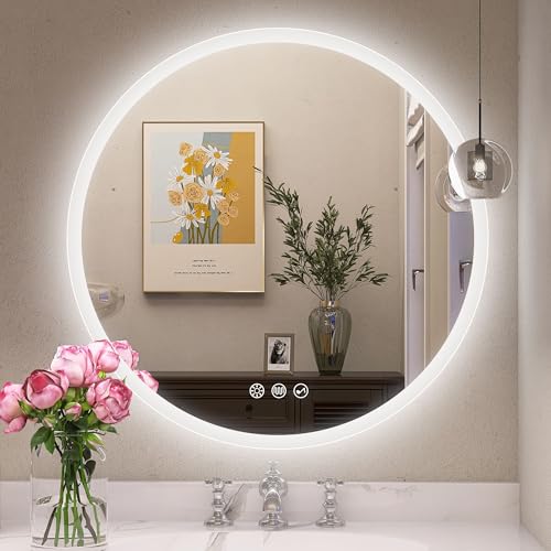 STARLEAD Badspiegel-Rund-mit-Beleuchtung 60cm Diameter, Runder-Spiegel mit Bluetooth, Dimmbar, 3 Farbtemperatur, Entfoggen, Speicherfunktion, IP44 Spiegel-mit-Beleuchtung Transluzenter Rahmen von STARLEAD