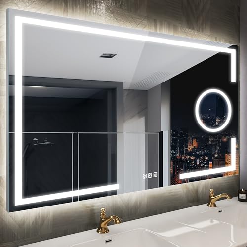 STARLEAD Badezimmer-Spiegel-mit-Beleuchtung 120x70cm, Badezimmerspiegel mit 3 Farbtemperaturen 3000K-6500K, Dimmbar, Entfoggen, 5X Vergrößerungsspiegel-mit-Licht, IP44, Horizontal von STARLEAD