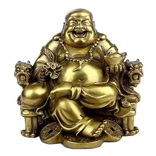 STCREE Chinesische Feng Shui Messing sitzender lachender Buddha Statue großer Bauch Buddha sitzend auf Kaiserdrachen Stuhl mit Barren, Reichtum Glücksfigur Heimdekoration 11 cm (H) TQGJST24 von STCREE