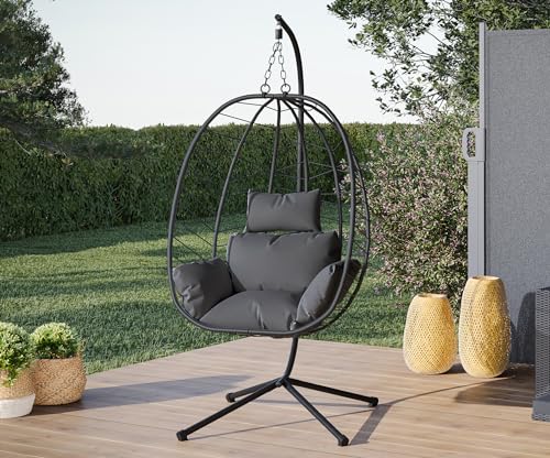 STEELSØN Hängesessel mit Gestell Alarian, höhenverstellbar und faltbar, Balkonsessel Outdoor und Indoor, Korbhängesessel aus Polyrattan mit Kissen dunkelgrau/schwarz von STEELSØN