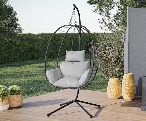 STEELSØN Hängesessel mit Gestell Alarian, höhenverstellbar und faltbar, Balkonsessel Outdoor und Indoor, Korbhängesessel aus Polyrattan mit Kissen hellgrau/schwarz von STEELSØN