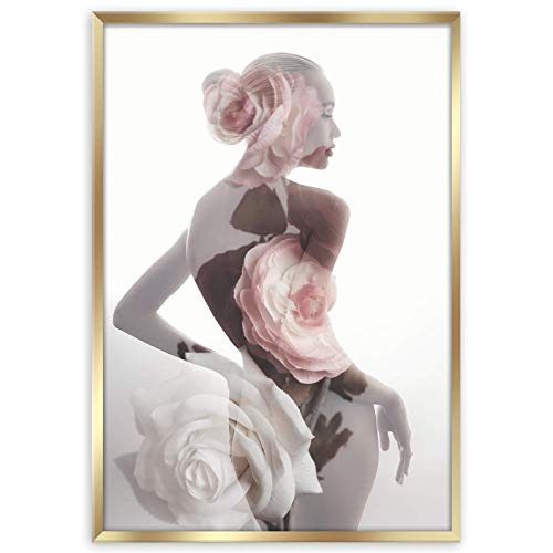 Rahmenbild Feminine 50 x 70 cm I Bild mit goldenem Rahmen I Frau Blumen Rosen Blumenkopf Blumenkleid Modell | Wohnzimmer Schlafzimmer Flur | Deko Home | modern Blickfang bunt rosa pink gold elegant von STYLER