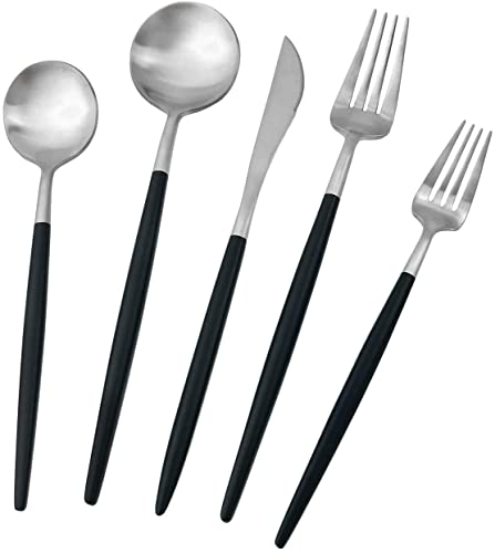 Silberbesteck, 5-teiliges Set mit mattschwarzen Griffen, 18/10 Edelstahl Besteckset, inklusive Gabel, Löffel, Messer, Campingbesteck, Reiseausrüstungs-Set und Besteck (schwarz) von STmea