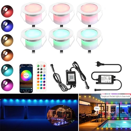 6er WIFI RGB LED Bodeneinbauleuchten Terrassen Bodenstrahler Terrassenbeleuchtung Arbeitet mit Alexa, Google Home,RGB Ø45mm IP67 Wasserdicht 0.5W LED Einbaustrahler rgb Full Kit von SUBOSI