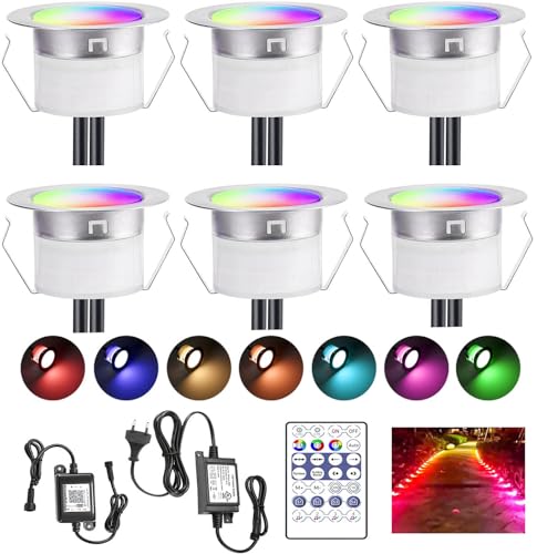 SUBOSI 6er WiFi Bluetooth Dreamcolor LED Bodeneinbauleuchten Multicolor Chasing Effekt Terrassenbeleuchtung Arbeitet mit Alexa, Google Home,DC12V Ø31mm IP67 Wasserdicht LED Einbaustrahler von SUBOSI