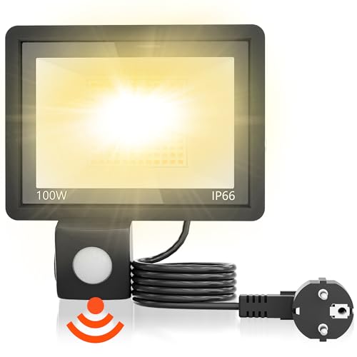 SUBTLETY 100W Außen Sicherheitsbeleuchtung mit Bewegungsmelder Sensor LED Strahler IP66 Aluminium Baustrahler Superhelle Scheinwerfer Fluter Außenlampe für Garten Garage Gehwege (Warmweiß mit Stecker) SUBTLETY 100W Außen Sicherheitsbeleuchtung mit Bewegungsmelder Sensor LED Strahler IP66 Aluminium Baustrahler Superhelle Scheinwerfer Fluter Außenlampe für Garten Garage Gehwege (Warmweiß mit Stecker) von SUBTLETY