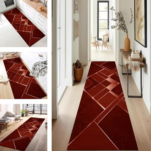 Teppich Läufer Flur Küche rutschfest waschbar Teppichläufer Lang 50X350CM Rot Silber Modern Design Meterware Korridor Tepiche Esszimmer Schlafzimmer Wohnzimmer Schmutzfangmatte von SUCERU