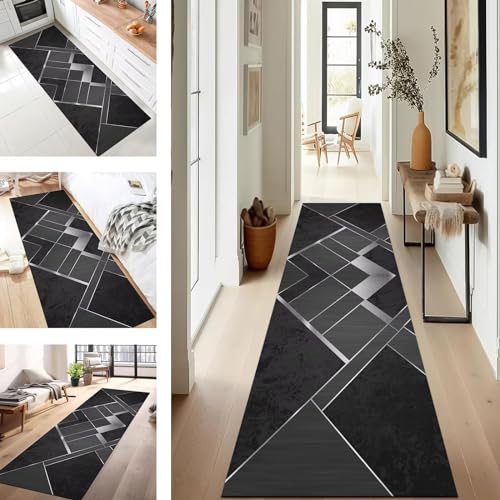 Teppich Läufer Flur Küche rutschfest waschbar Teppichläufer Lang 80X350CM Schwarz Silber Modern Design Meterware Korridor Tepiche Esszimmer Schlafzimmer Wohnzimmer Schmutzfangmatte von SUCERU