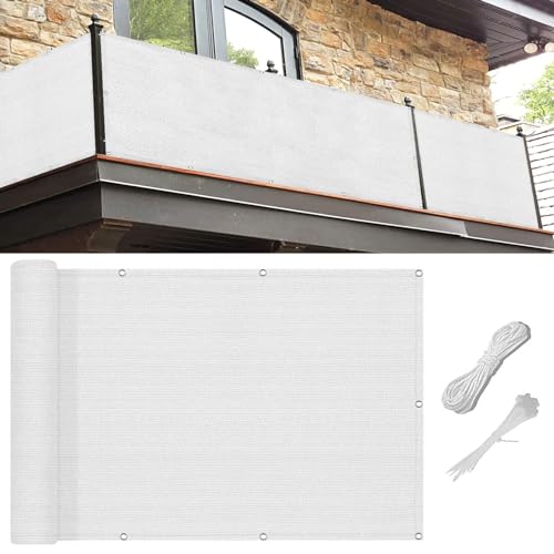 Balkon Sichtschutz 80 x 650 cm Blickdichte Wind Uv-Schutz Balkon-Verkleidung Schattiernetz mit Ösen Kabelbinder Und Kordel für Garten Balkon Zaun Terrassen, Weiß von SUNLIMEI